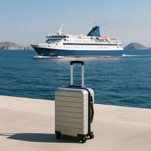 Ferry de pasajeros navegando por el mar Egeo junto a una maleta de viaje