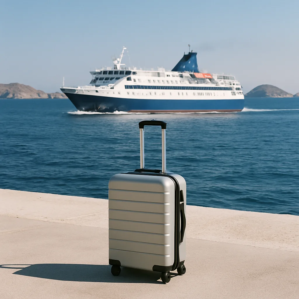 Ferry de pasajeros navegando por el mar Egeo junto a una maleta de viaje