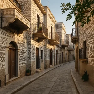 Calle tradicional de Pyrgi en la isla de Quíos con fachadas geométricas