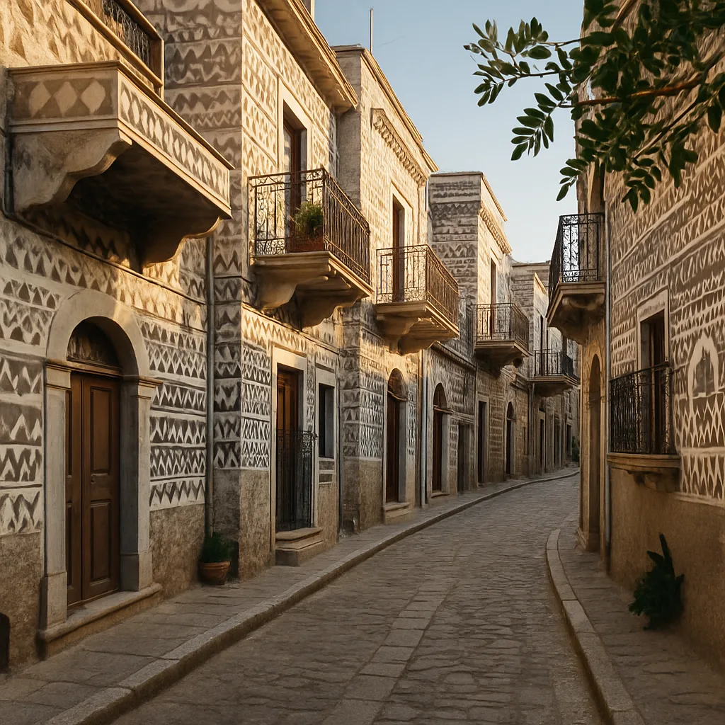 Calle tradicional de Pyrgi en la isla de Quíos con fachadas geométricas