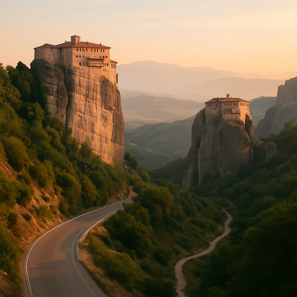 Monasterios de Meteora sobre pilares de roca vistos desde un sendero de Tesalia