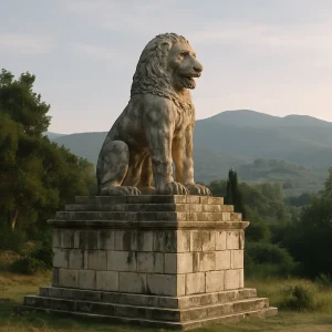 León de Amfípolis sobre su pedestal de piedra en Macedonia, Grecia