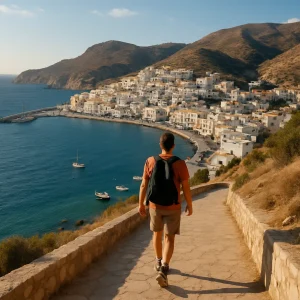 Vista de Pigadia y su puerto para organizar un viaje a Karpathos sin coche