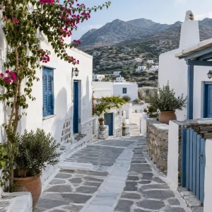 Callejón de piedra y casas blancas en un pueblo del interior de Naxos