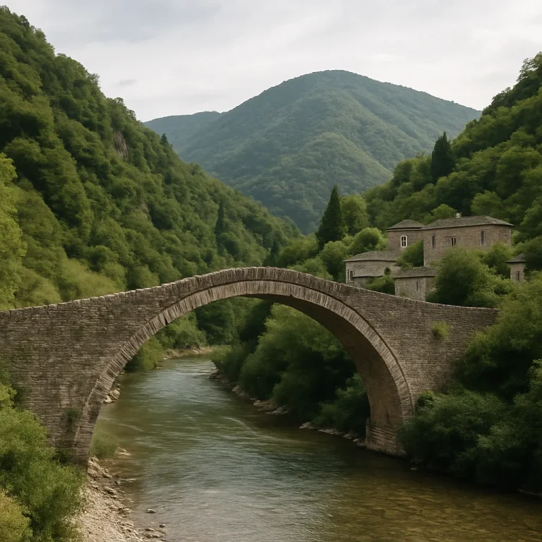 Puente tradicional de piedra en el paisaje montañoso de Zagori